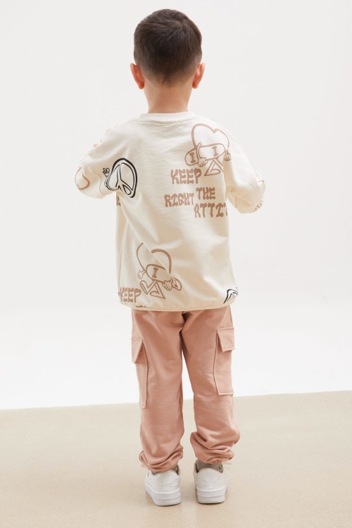 Krem Kaykay Baskılı Kargo Cepli Erkek Çocuk Eşofman Takımı 18167