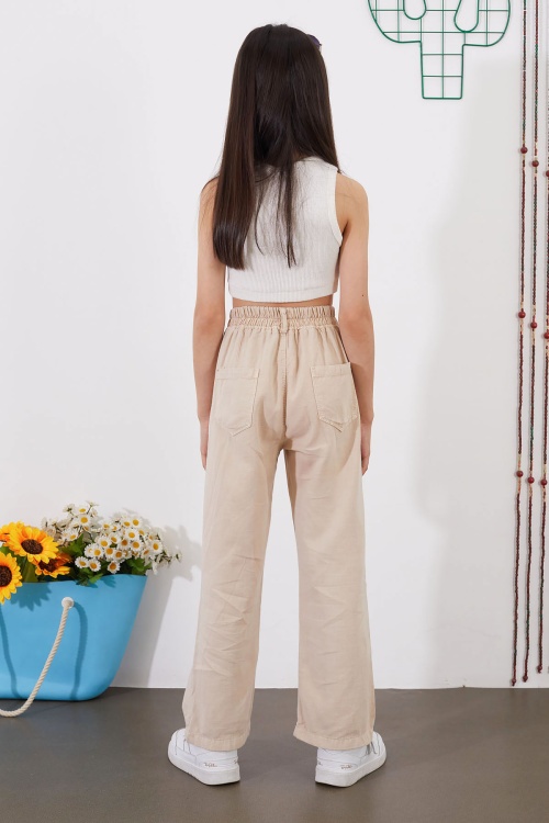 Krem Kuşaklı Beli Lastikli İspanyol Paça Kız Pantolon 18713