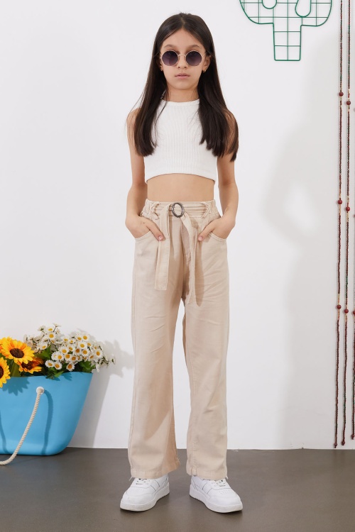 Krem Kuşaklı Beli Lastikli İspanyol Paça Kız Pantolon 18713