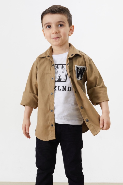 Krem Nakışlı Jean Gömlekli Tişörtlü Erkek Çocuk 2li Takım 18237