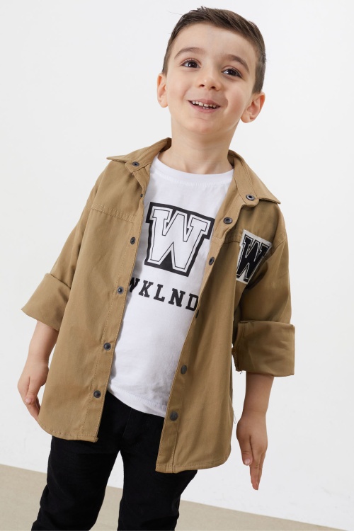 Krem Nakışlı Jean Gömlekli Tişörtlü Erkek Çocuk 2li Takım 18237