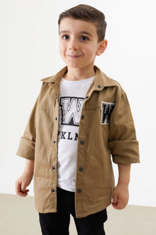 Krem Nakışlı Jean Gömlekli Tişörtlü Erkek Çocuk 2li Takım 18237