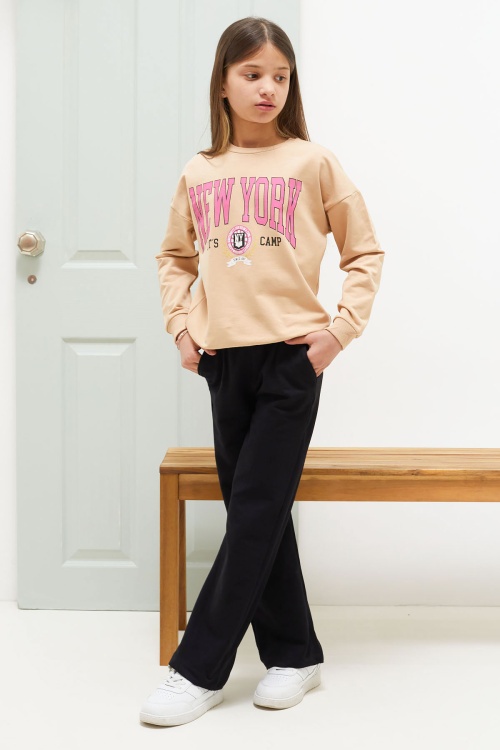 Krem NewYork Yazılı Kız Çocuk Alt Üst Takım 18585