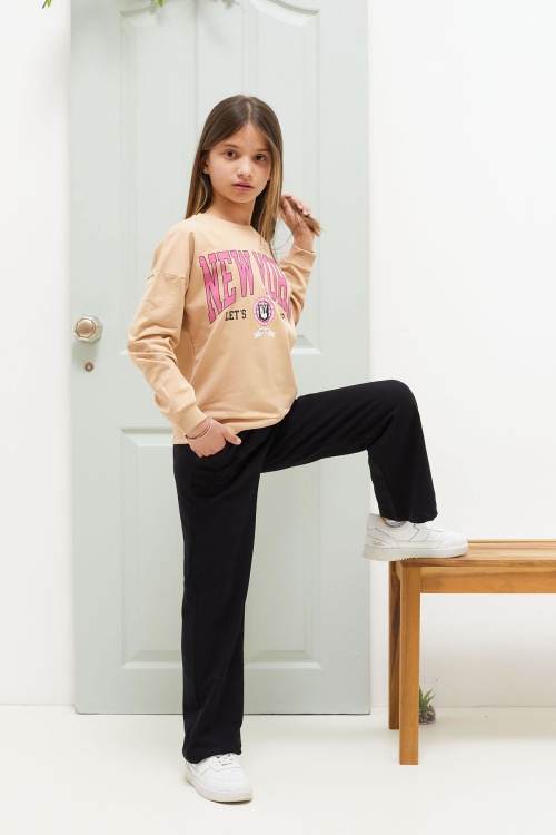 Krem NewYork Yazılı Kız Çocuk Alt Üst Takım 18585
