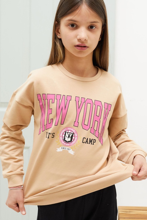 Krem NewYork Yazılı Kız Çocuk Alt Üst Takım 18585