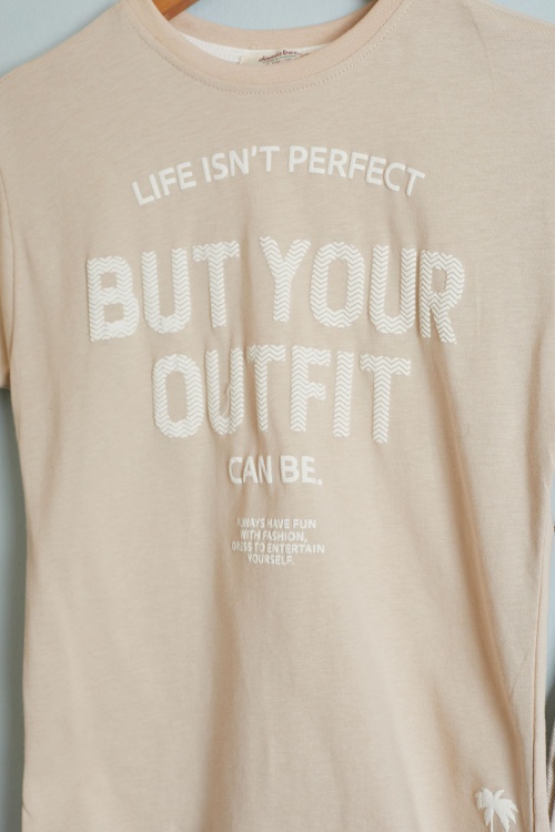 Krem Outfit Baskılı Tişörtlü Erkek Çocuk Şortlu Takım 18458