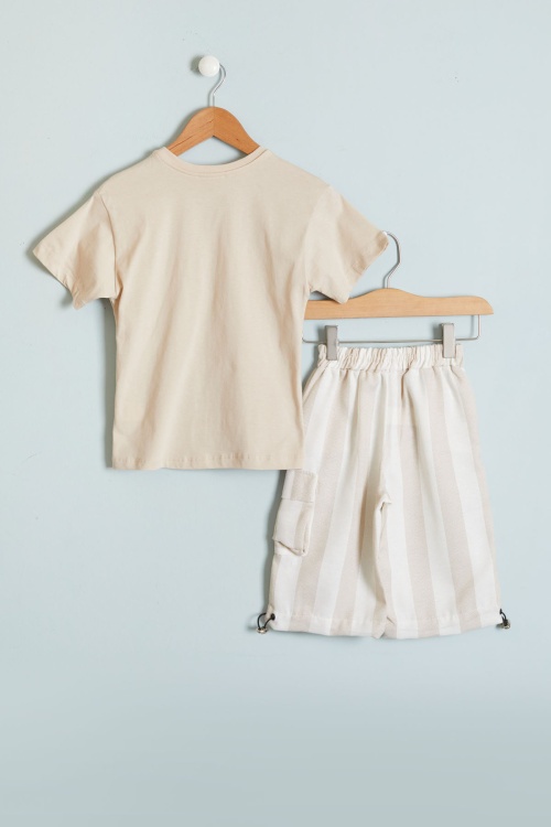 Krem Outfit Baskılı Tişörtlü Erkek Çocuk Şortlu Takım 18458