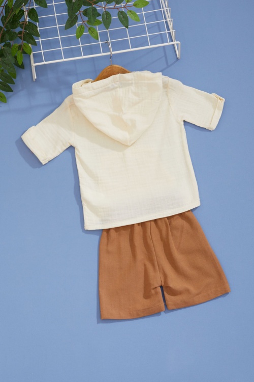 Krem Palmiye Baskılı Kanguru Cepli Erkek Bebek Şortlu Takım 18515