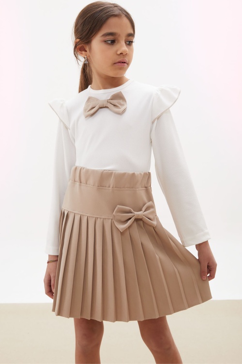 Krem Piliseli Etekli Uzun Kol Badili Kız Çocuk Elbise Takımı 17740