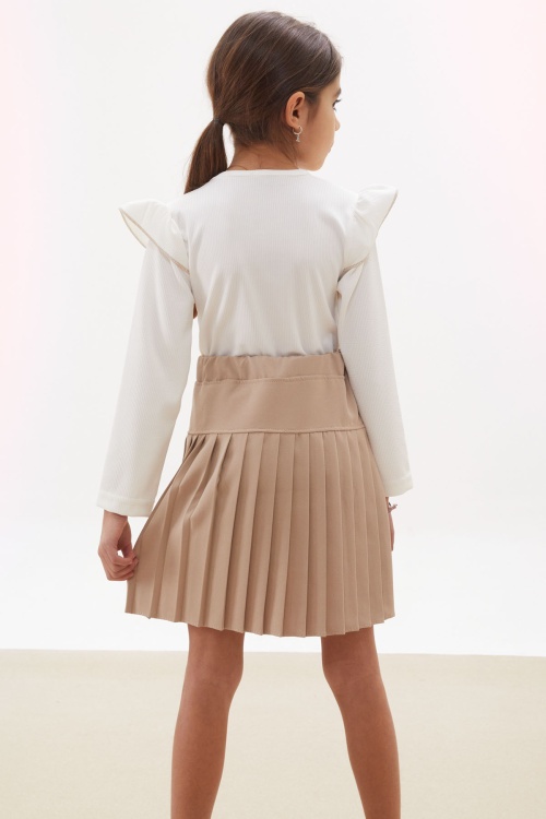 Krem Piliseli Etekli Uzun Kol Badili Kız Çocuk Elbise Takımı 17740