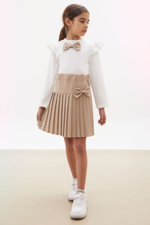 Krem Piliseli Etekli Uzun Kol Badili Kız Çocuk Elbise Takımı 17740