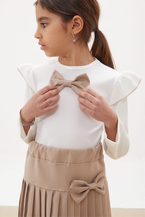 Krem Piliseli Etekli Uzun Kol Badili Kız Çocuk Elbise Takımı 17740