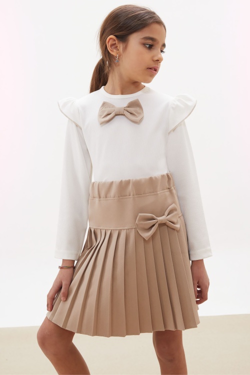 Krem Piliseli Etekli Uzun Kol Badili Kız Çocuk Elbise Takımı 17740