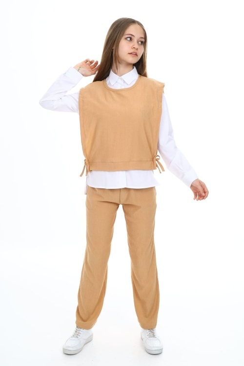 Krem Yandan Bağlamalı Süveterli Gömlekli Kız Çocuk 3lü Takım 18490