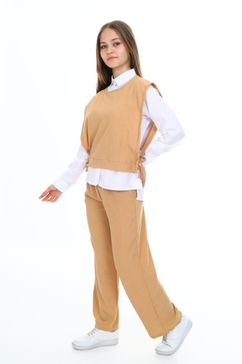 Krem Yandan Bağlamalı Süveterli Gömlekli Kız Çocuk 3lü Takım 18490