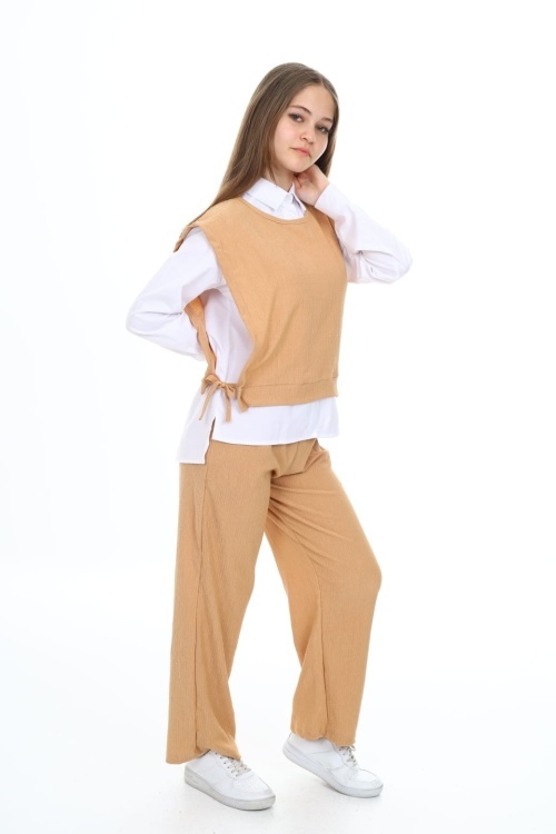 Krem Yandan Bağlamalı Süveterli Gömlekli Kız Çocuk 3lü Takım 18490