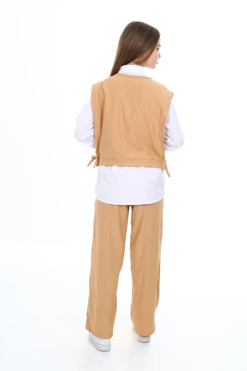 Krem Yandan Bağlamalı Süveterli Gömlekli Kız Çocuk 3lü Takım 18490