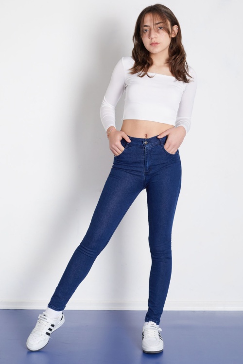 Lacivert Beli Lastikli Kız Çocuk Jean Pantolon 17760