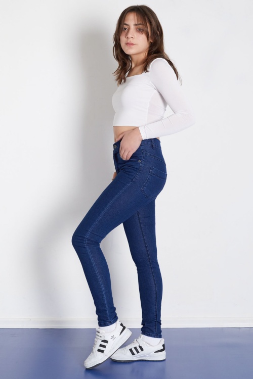 Lacivert Beli Lastikli Kız Çocuk Jean Pantolon 17760