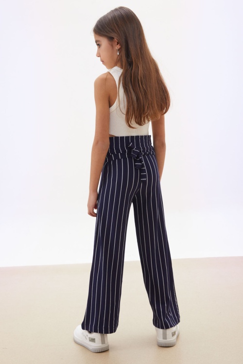 Lacivert Çizgi Desenli Kuşaklı Geniş Paça Kız Çocuk Pantolon 18095