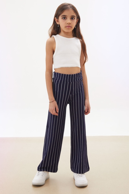 Lacivert Çizgi Desenli Kuşaklı Geniş Paça Kız Çocuk Pantolon 18095
