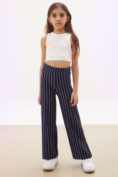 Lacivert Çizgi Desenli Kuşaklı Geniş Paça Kız Çocuk Pantolon 18095