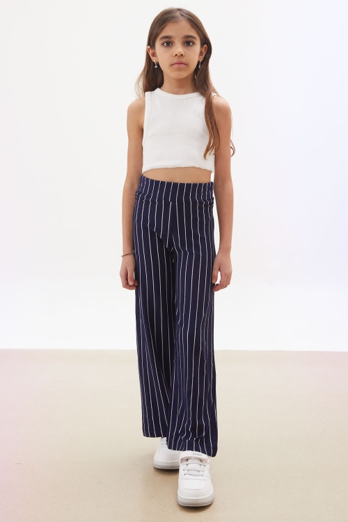 Lacivert Çizgi Desenli Kuşaklı Geniş Paça Kız Çocuk Pantolon 18095