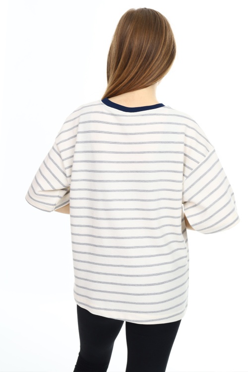 Lacivert Çizgili Bisiklet Yaka Kız Çocuk Kısa Kol T-shirt 18381