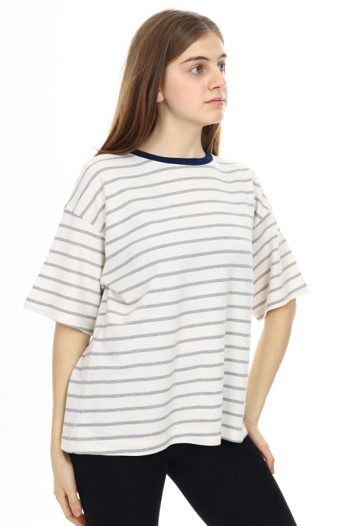 Lacivert Çizgili Bisiklet Yaka Kız Çocuk Kısa Kol T-shirt 18381