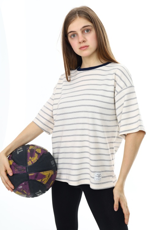 Lacivert Çizgili Bisiklet Yaka Kız Çocuk Kısa Kol T-shirt 18381