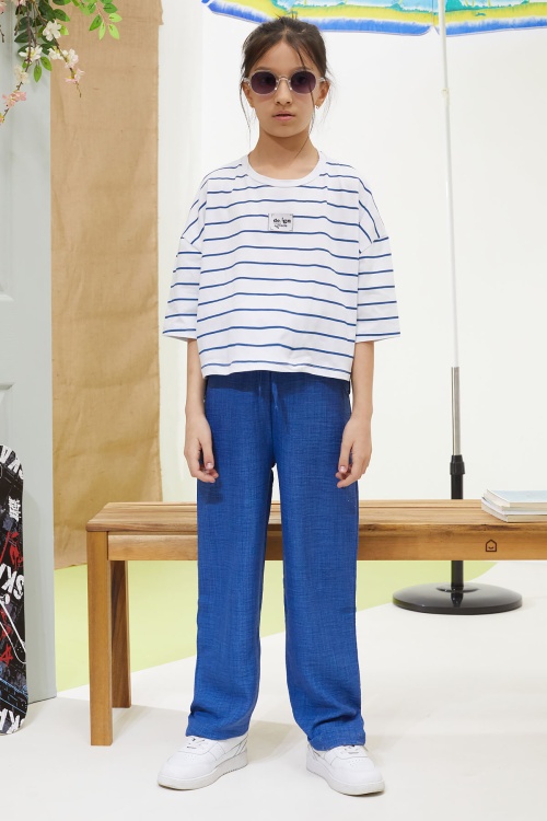 Lacivert Çizgili Oversize Tişörtlü Pantolonlu Kız Çocuk Takım 18622