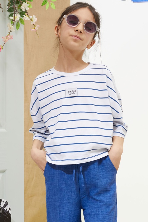 Lacivert Çizgili Oversize Tişörtlü Pantolonlu Kız Çocuk Takım 18622