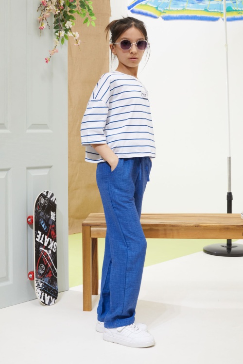 Lacivert Çizgili Oversize Tişörtlü Pantolonlu Kız Çocuk Takım 18622