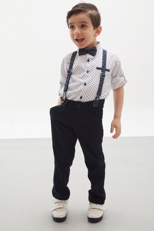 Lacivert Desenli Gömlekli Askılı Pantolonlu Erkek Çocuk Papyonlu Takım 18135
