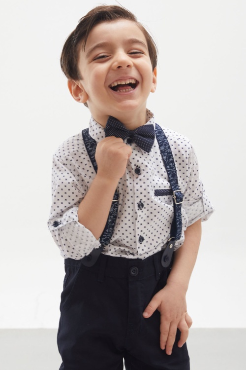 Lacivert Desenli Gömlekli Askılı Pantolonlu Erkek Çocuk Papyonlu Takım 18135