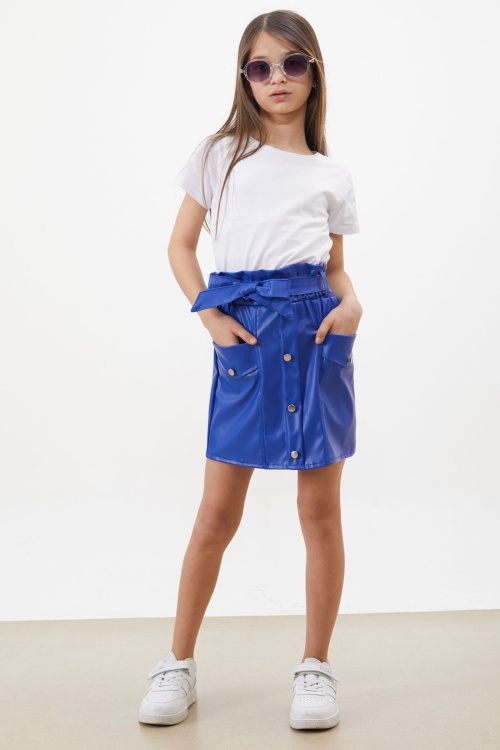 Lacivert Düğme Detaylı Kuşaklı Kız Çocuk Deri Etek 18450