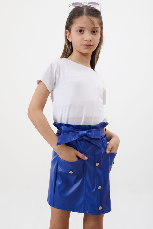 Lacivert Düğme Detaylı Kuşaklı Kız Çocuk Deri Etek 18450