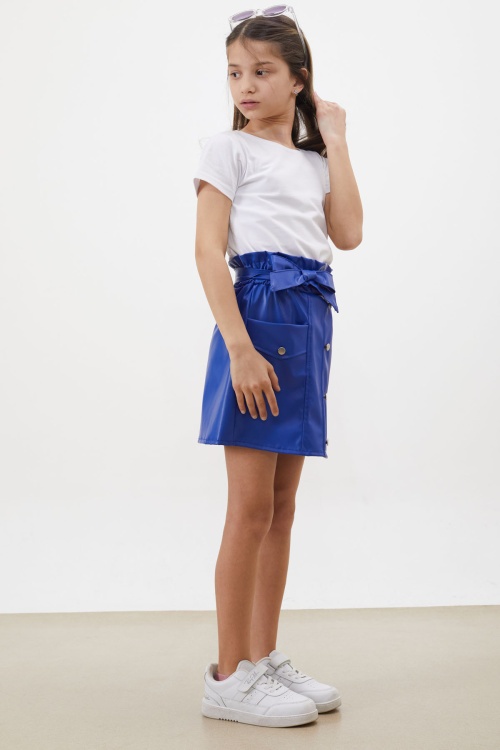 Lacivert Düğme Detaylı Kuşaklı Kız Çocuk Deri Etek 18450