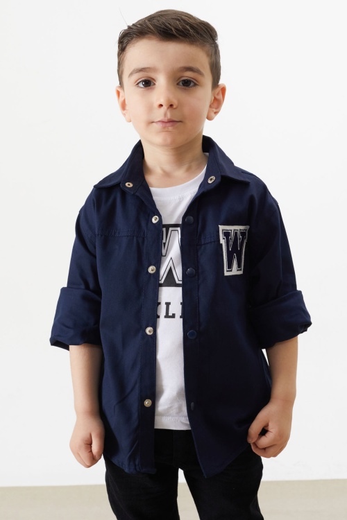 Lacivert Nakışlı Jean Gömlekli Tişörtlü Erkek Çocuk 2li Takım 18238