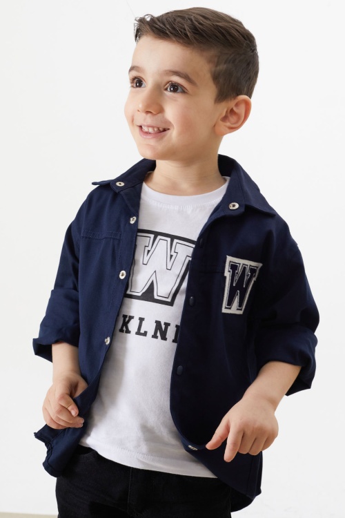 Lacivert Nakışlı Jean Gömlekli Tişörtlü Erkek Çocuk 2li Takım 18238