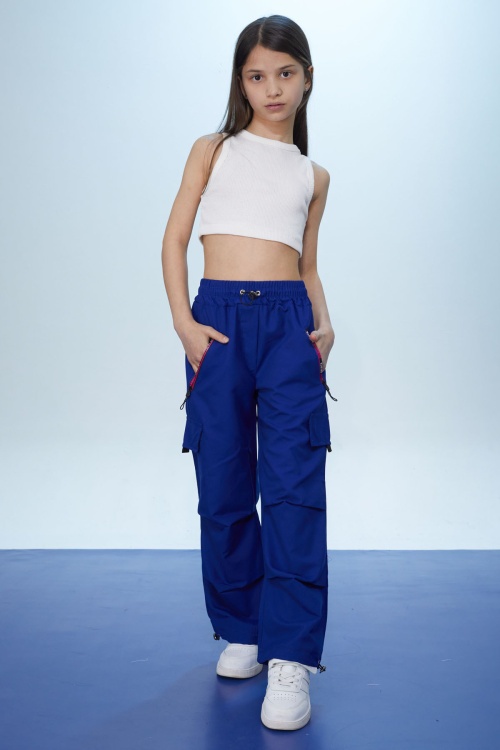 Lacivert Şeritli Fermuarlı Kargo Cepli Kız Paraşüt Pantolon 18469