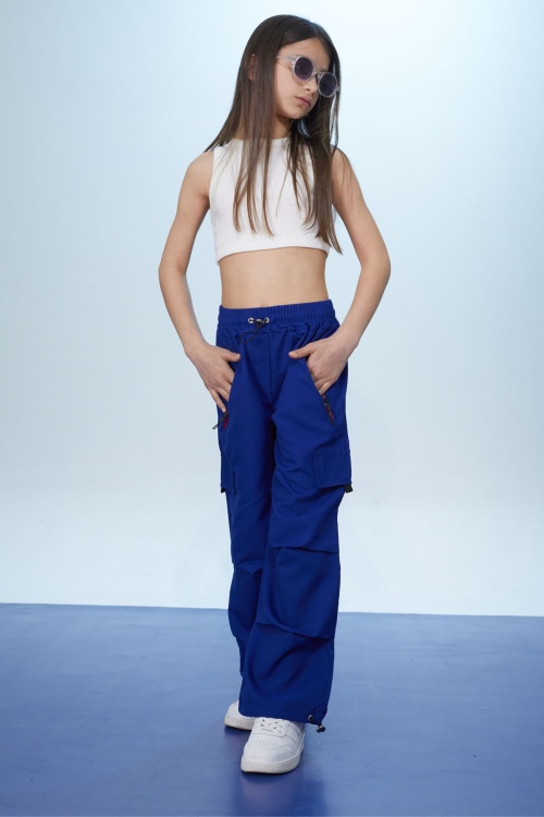 Lacivert Şeritli Fermuarlı Kargo Cepli Kız Paraşüt Pantolon 18469