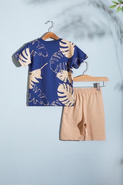 Lacivert Yaprak Baskılı Erkek Çocuk Şortlu Takım 18532