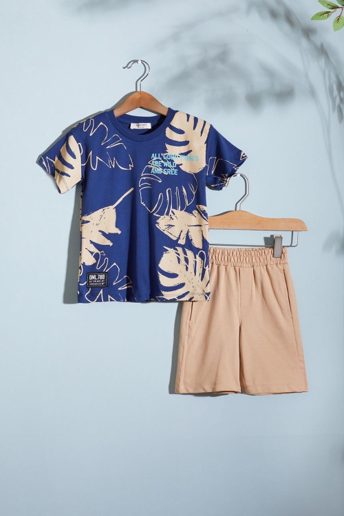 Lacivert Yaprak Baskılı Erkek Çocuk Şortlu Takım 18532