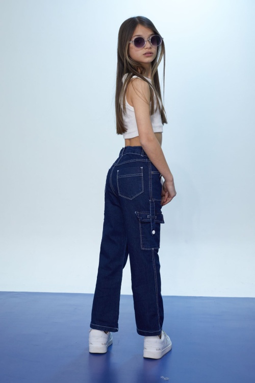 Lacivert Yüksek Bel Kargo Cepli Beyaz Dikişli Kız Pantolon 18366