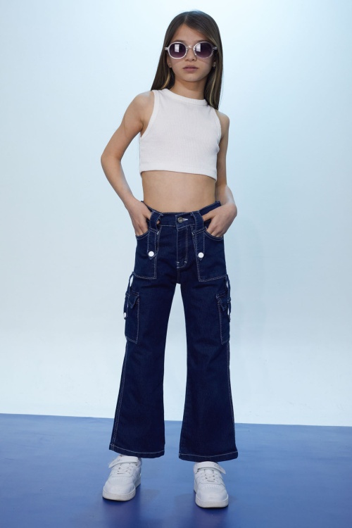 Lacivert Yüksek Bel Kargo Cepli Beyaz Dikişli Kız Pantolon 18366