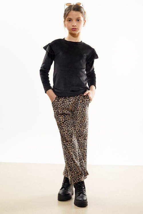 Leopar Desenli Volanlı Bluzlu Kız Çocuk Kadife Takım 17036