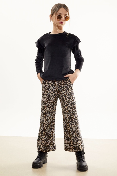 Leopar Desenli Volanlı Bluzlu Kız Çocuk Kadife Takım 17036