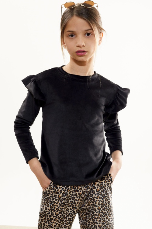 Leopar Desenli Volanlı Bluzlu Kız Çocuk Kadife Takım 17036