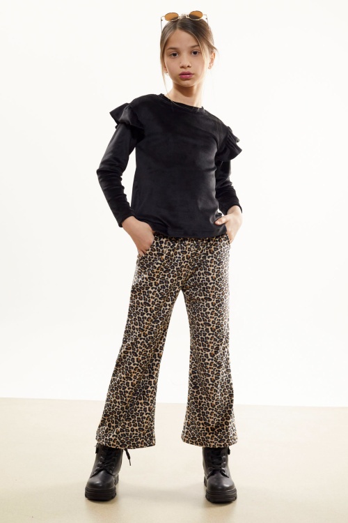 Leopar Desenli Volanlı Bluzlu Kız Çocuk Kadife Takım 17036